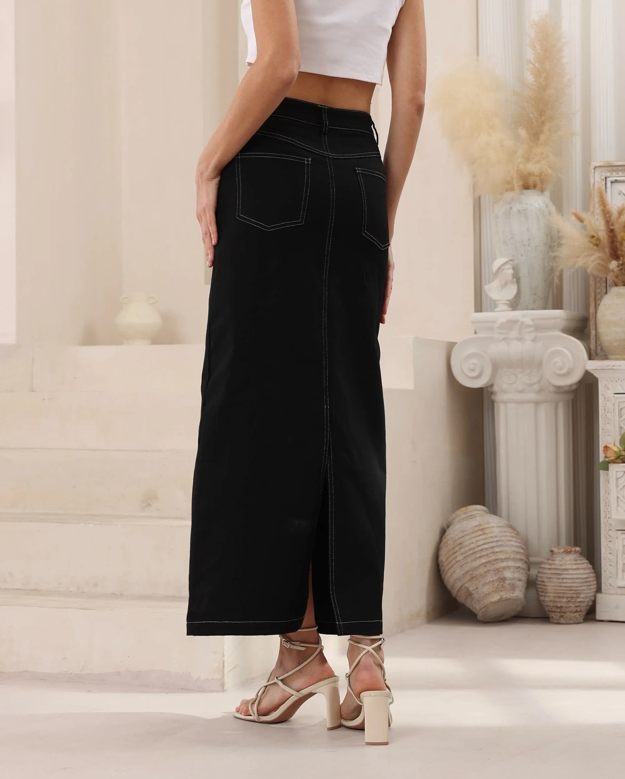 Delilah Long Denim Skirt - Black