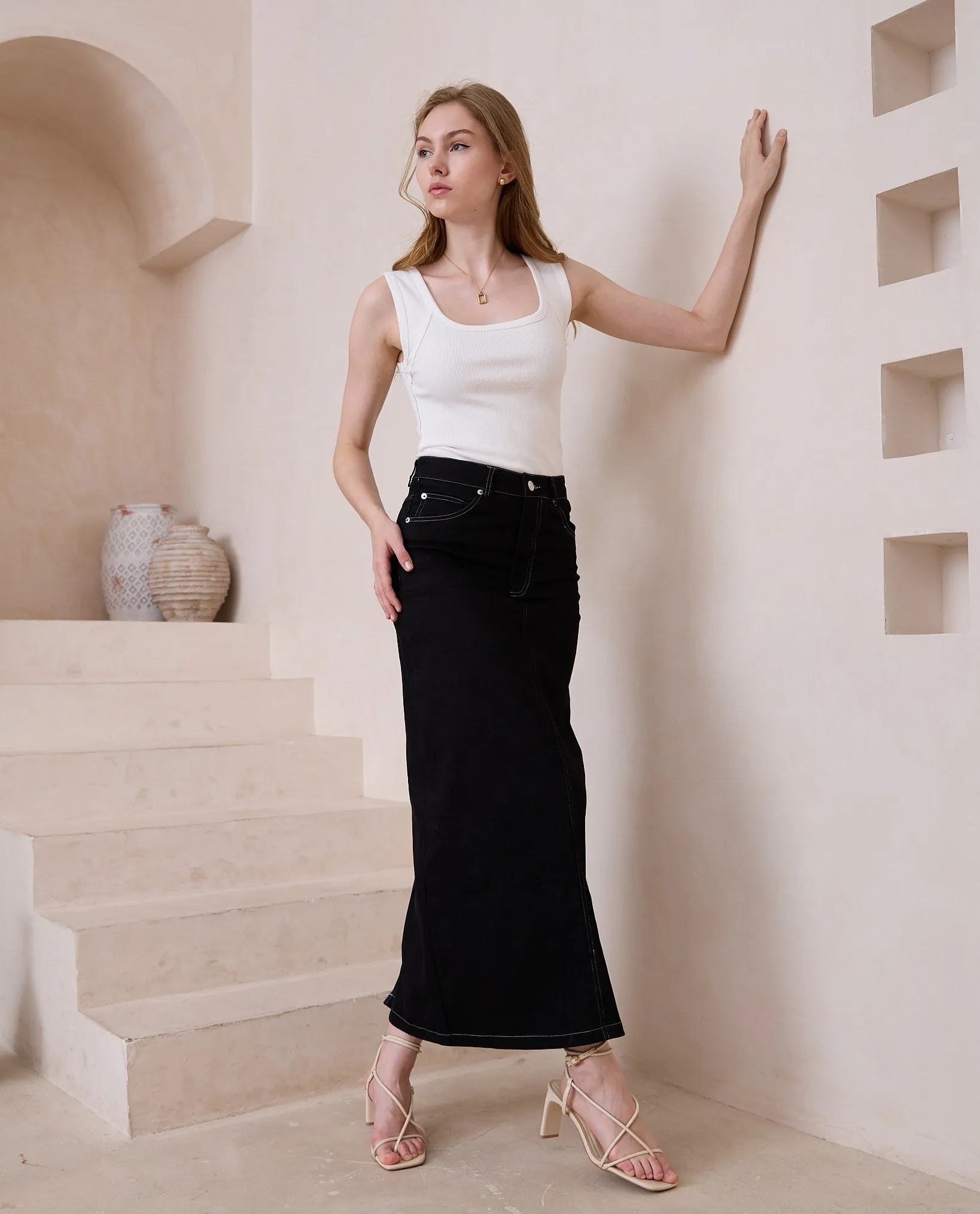 Delilah Long Denim Skirt - Black