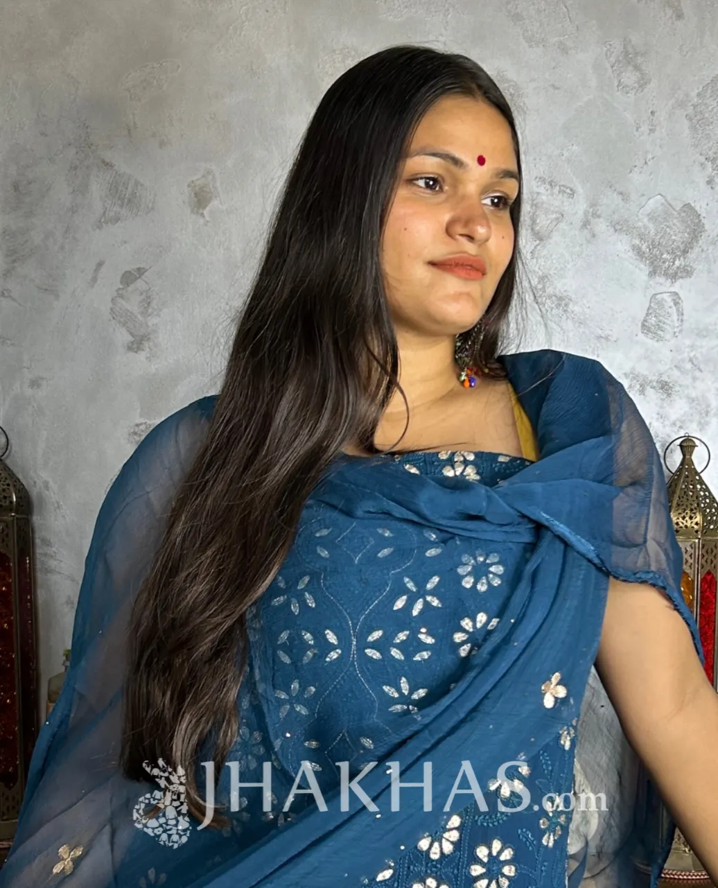 Denim Blue Heavy Designer Chikankari Gota work Salwar Suit Fabric Unstitched