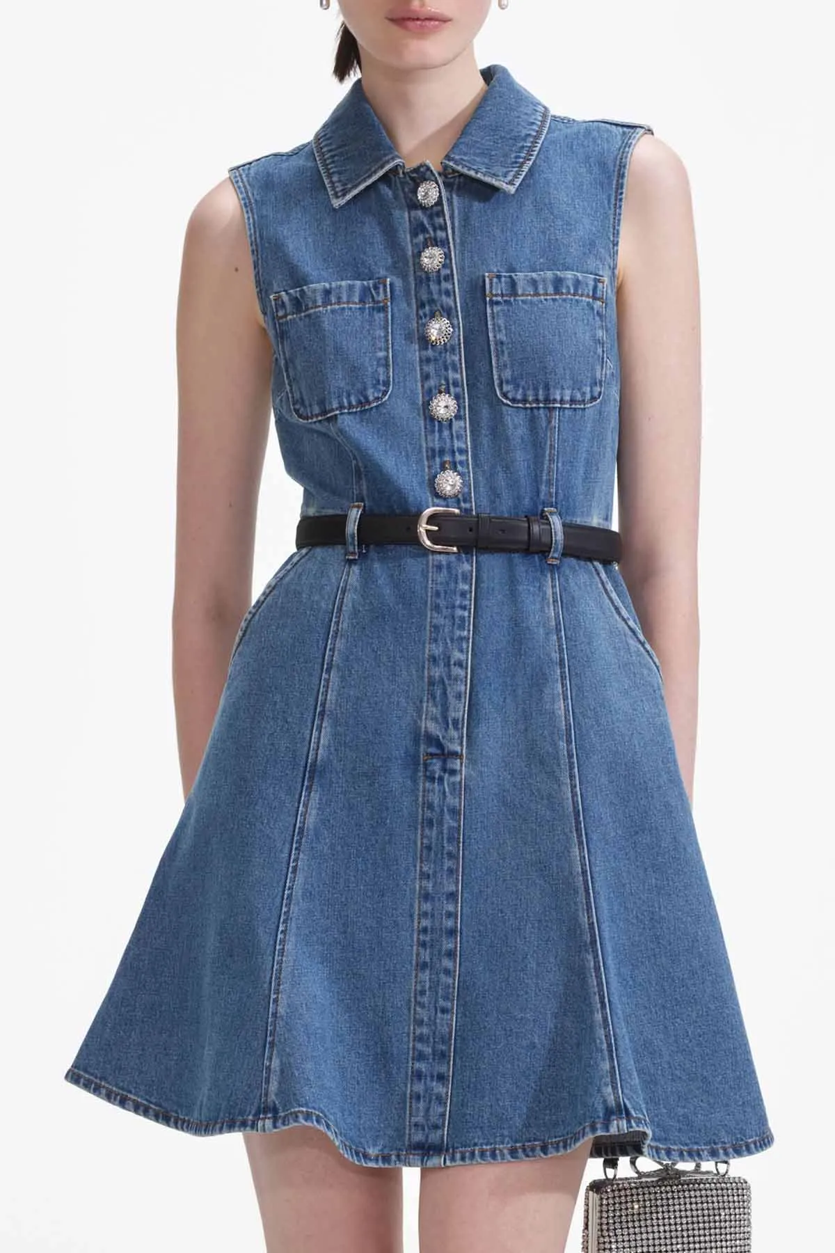 Denim Sleeveless Pearl Mini Dress