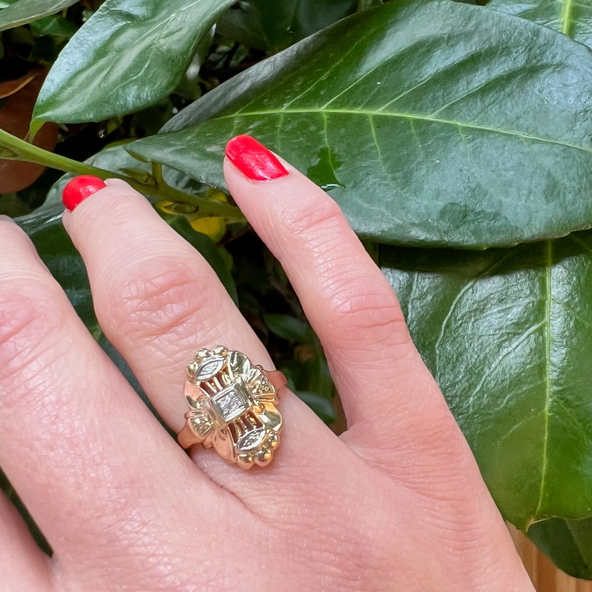 Diamond Art Deco Dinner Ring in Two-Tone Gold