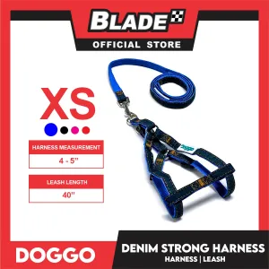 Doggo Denim Strong Harness Extra Small (Blue) Thick Leash and Straps for Your Dog