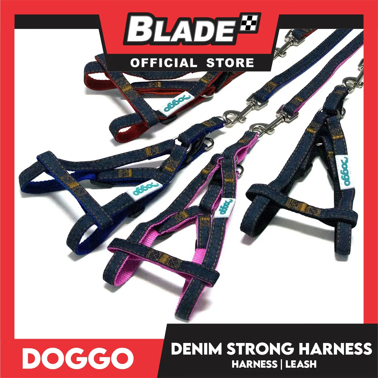 Doggo Denim Strong Harness Small (Pink) Thick Leash and Straps for Your Dog
