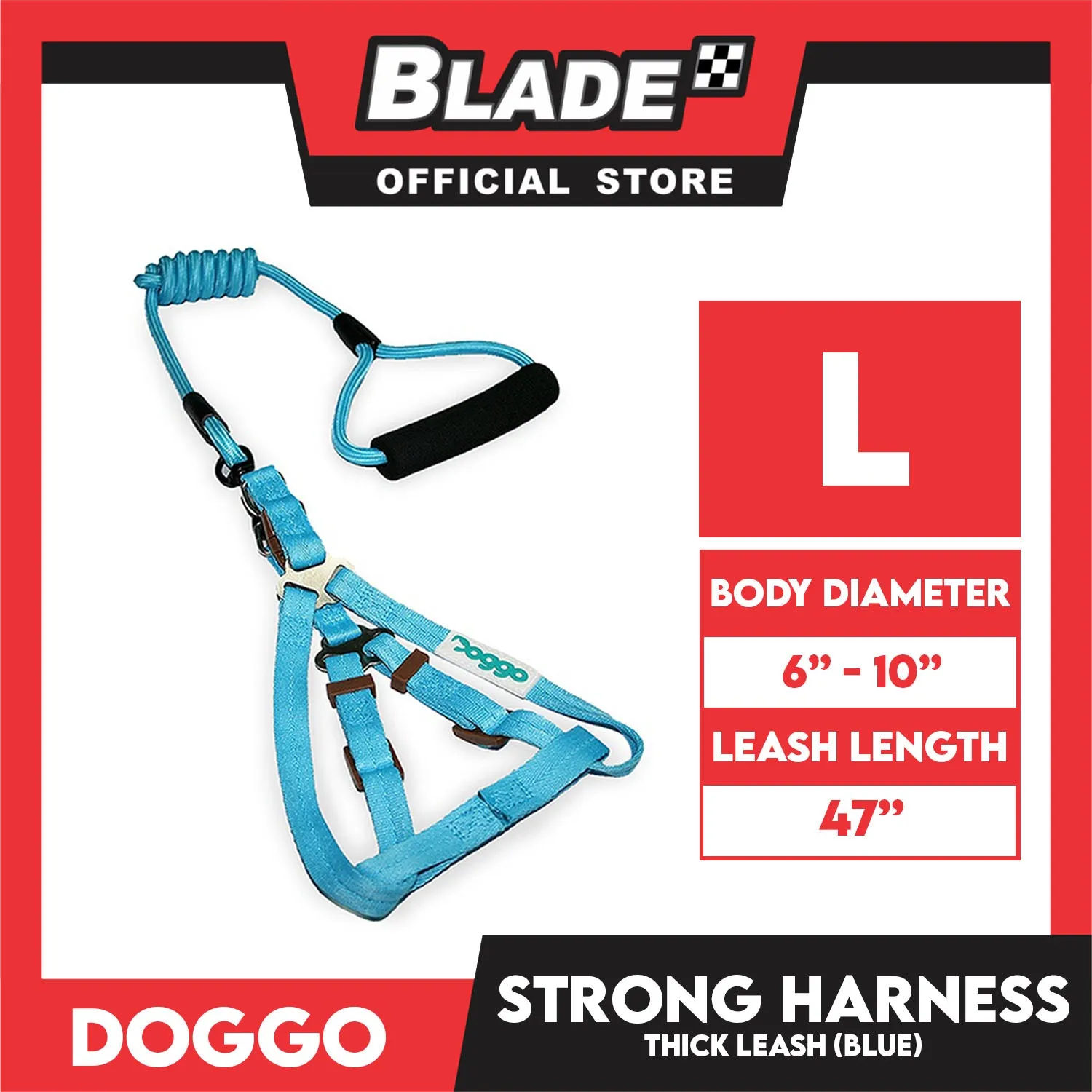 Doggo Strong Harness Thick Leash Soft Handle Steel Connector Large (Blue) Safe Harness for Your Dog