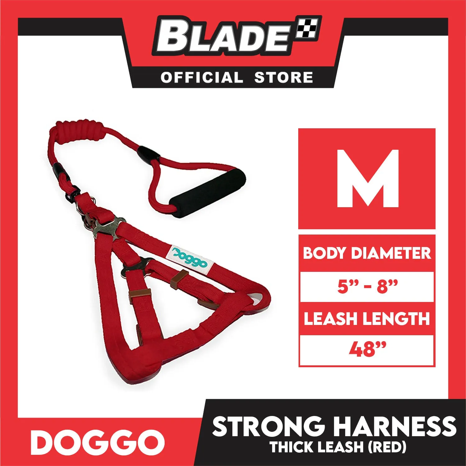Doggo Strong Harness Thick Leash Soft Handle Steel Connector Medium (Red) Safe Harness for Your Dog