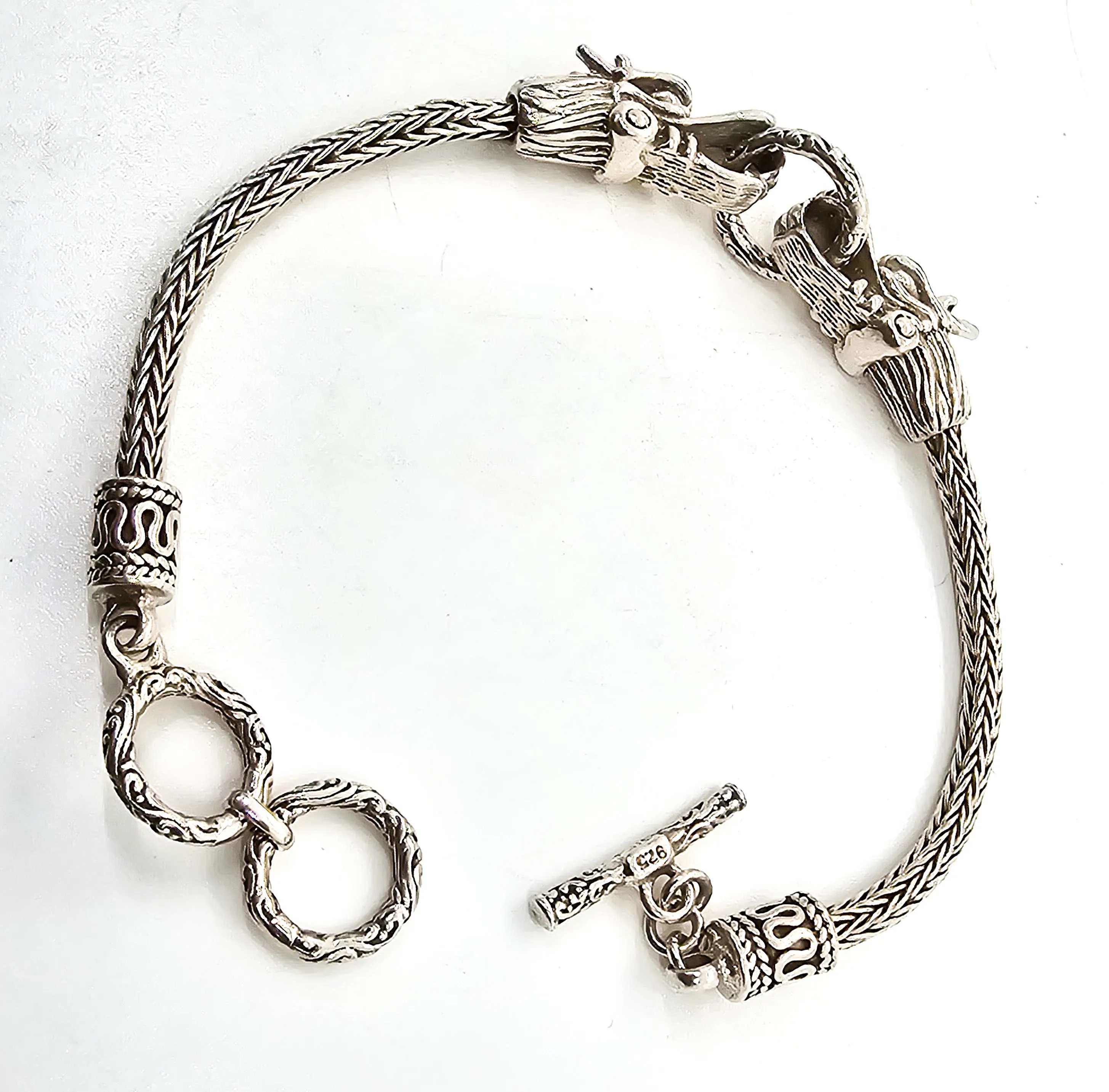 Double Dragon Naga tribal Bali Balinese sterling silver foxtail adjustable toggle bracelet