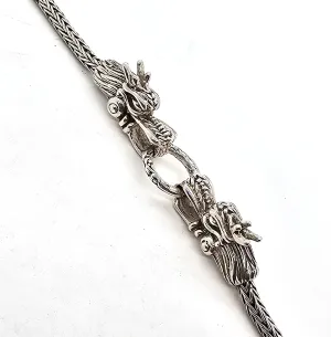 Double Dragon Naga tribal Bali Balinese sterling silver foxtail adjustable toggle bracelet