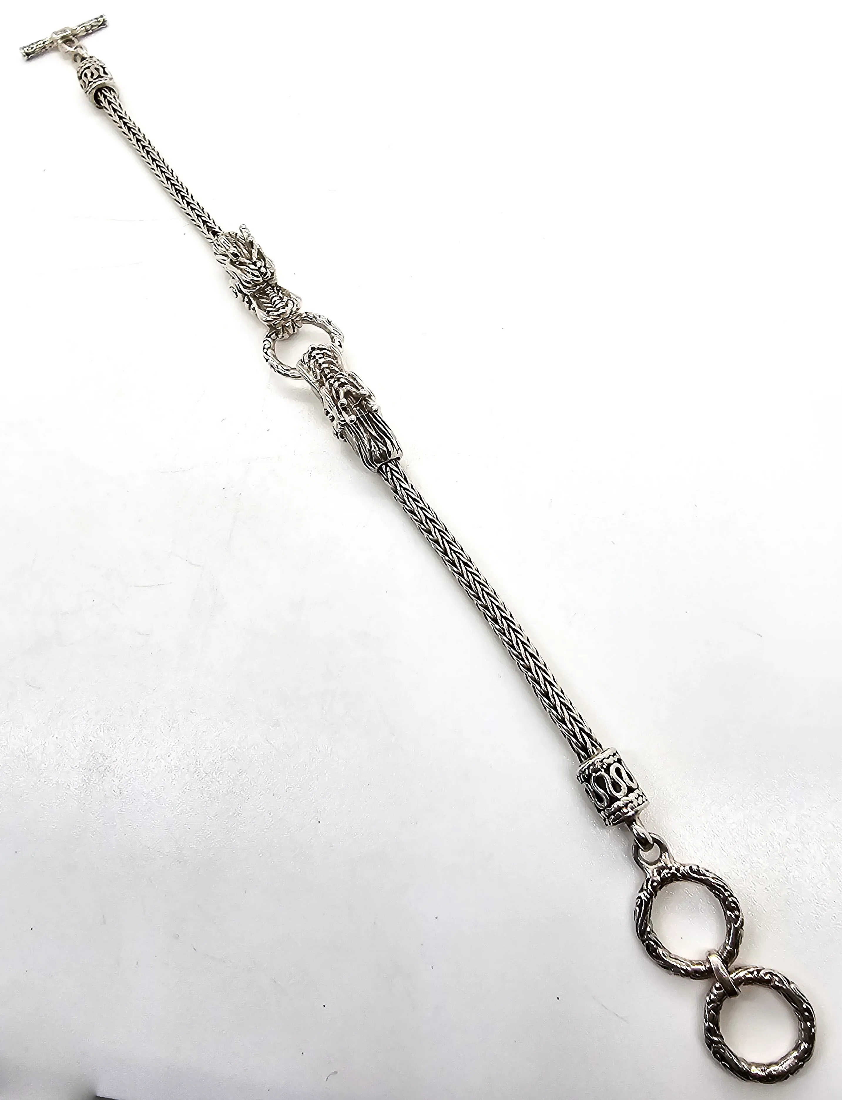 Double Dragon Naga tribal Bali Balinese sterling silver foxtail adjustable toggle bracelet