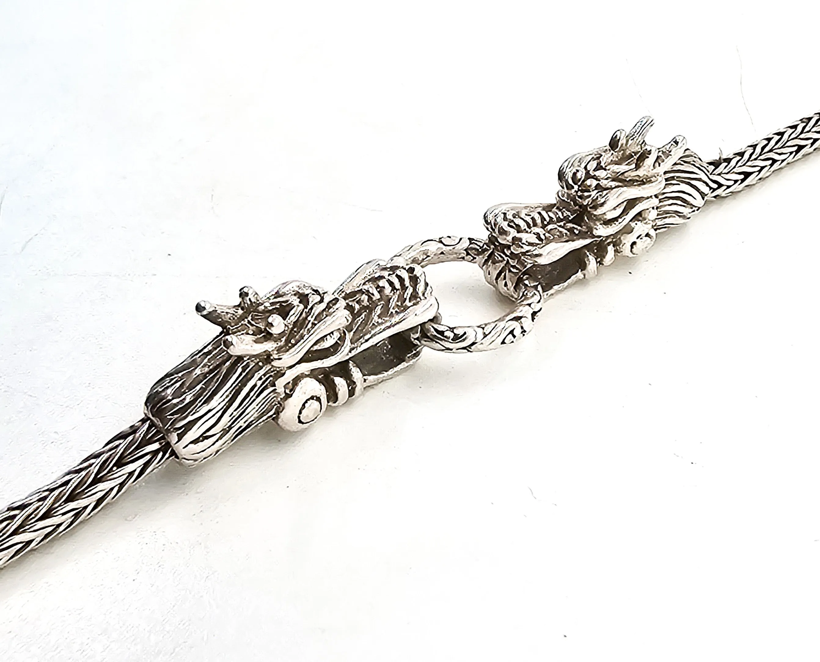 Double Dragon Naga tribal Bali Balinese sterling silver foxtail adjustable toggle bracelet