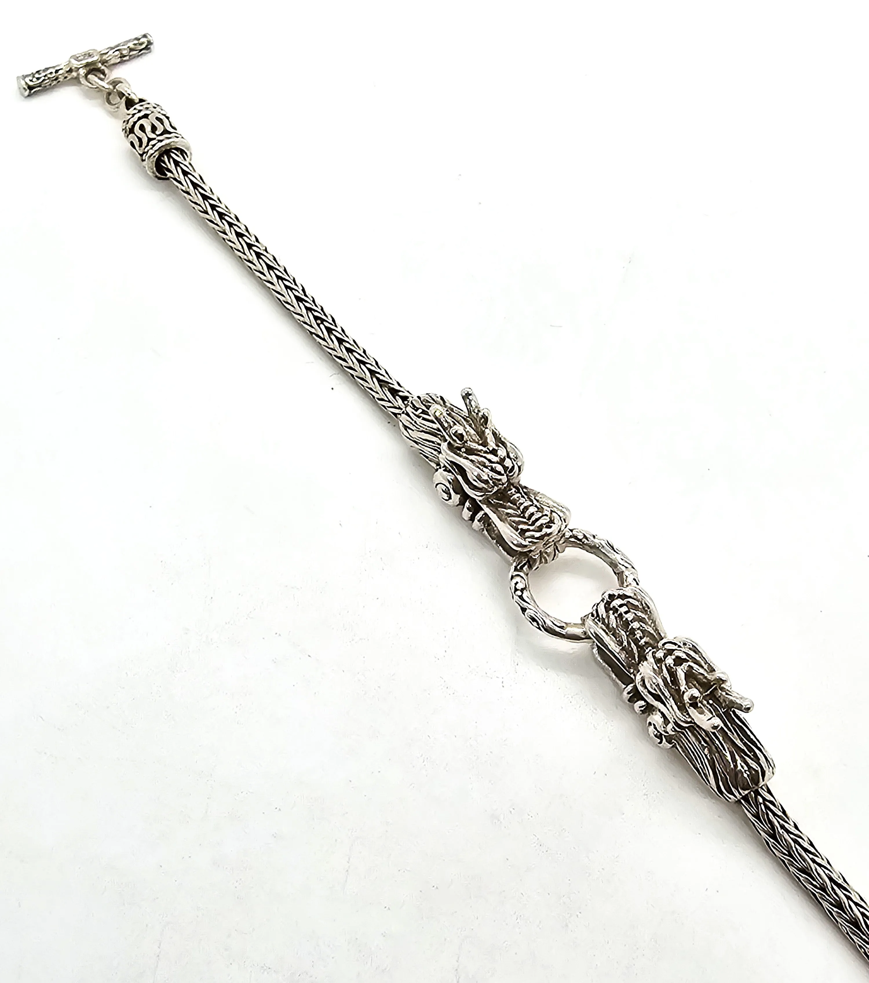 Double Dragon Naga tribal Bali Balinese sterling silver foxtail adjustable toggle bracelet