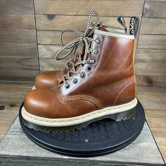 Dr. Martens 1460 Tan Oak Analine Boots Womens Size 5 Bouncy Soles Comfort Rare