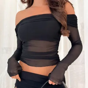 Eden Sheer Off-Shoulder Long Sleeve Mesh Top
