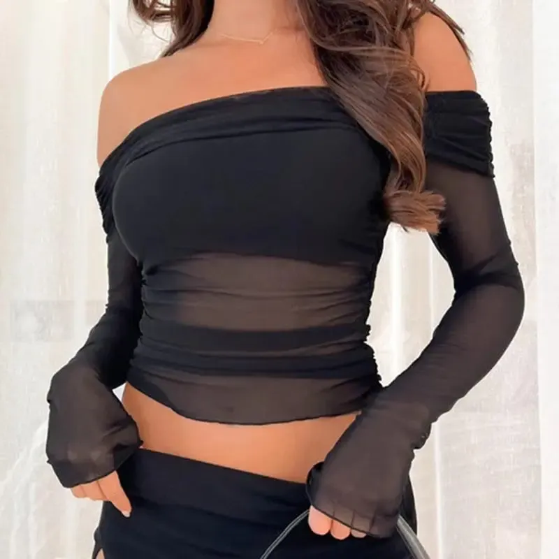 Eden Sheer Off-Shoulder Long Sleeve Mesh Top