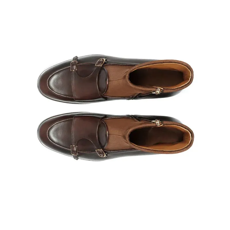 Elko Handmade Brown Leather Double Monk Buckle Ankle Boots - Boots