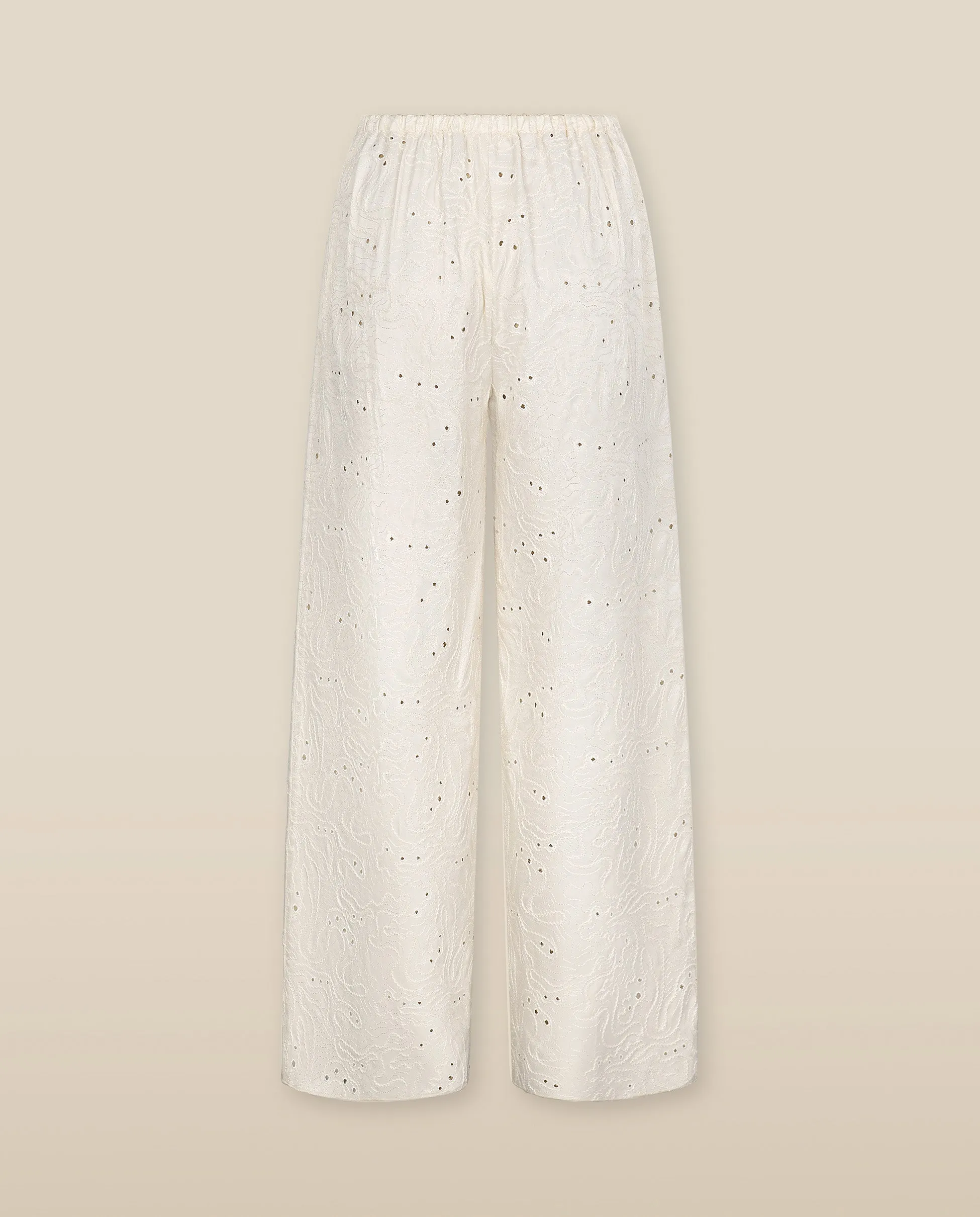 ELODIE | Ecru Embroidered Wide Leg Trousers