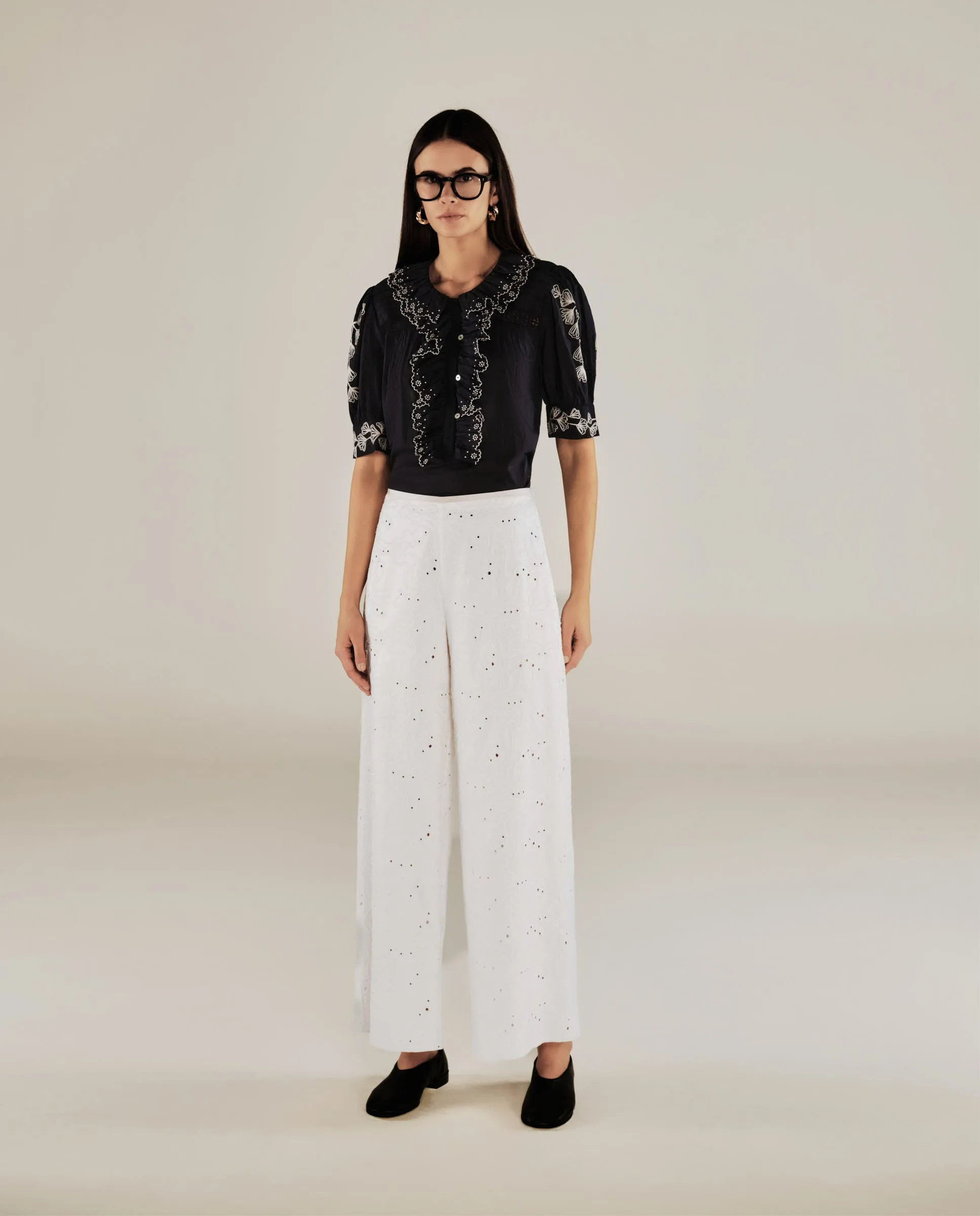 ELODIE | Ecru Embroidered Wide Leg Trousers