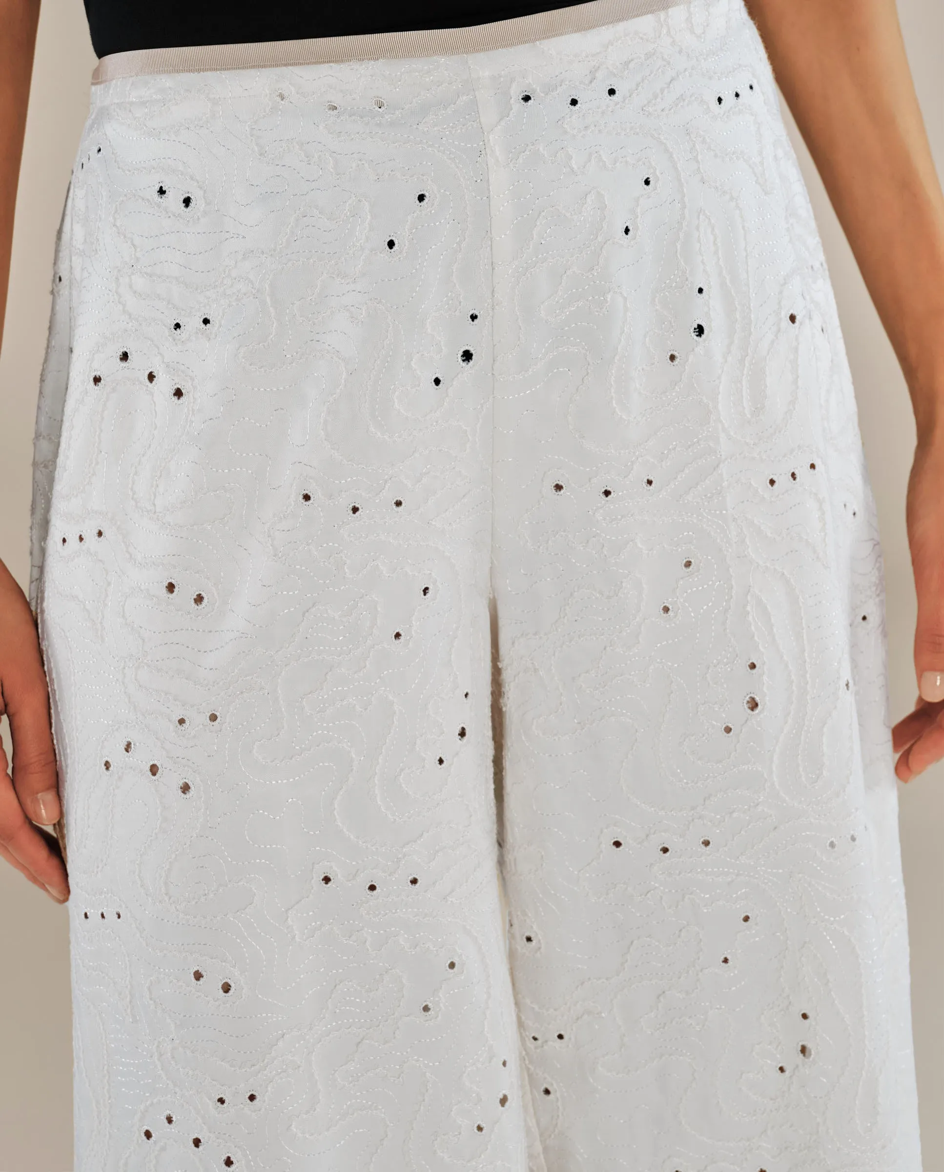 ELODIE | Ecru Embroidered Wide Leg Trousers