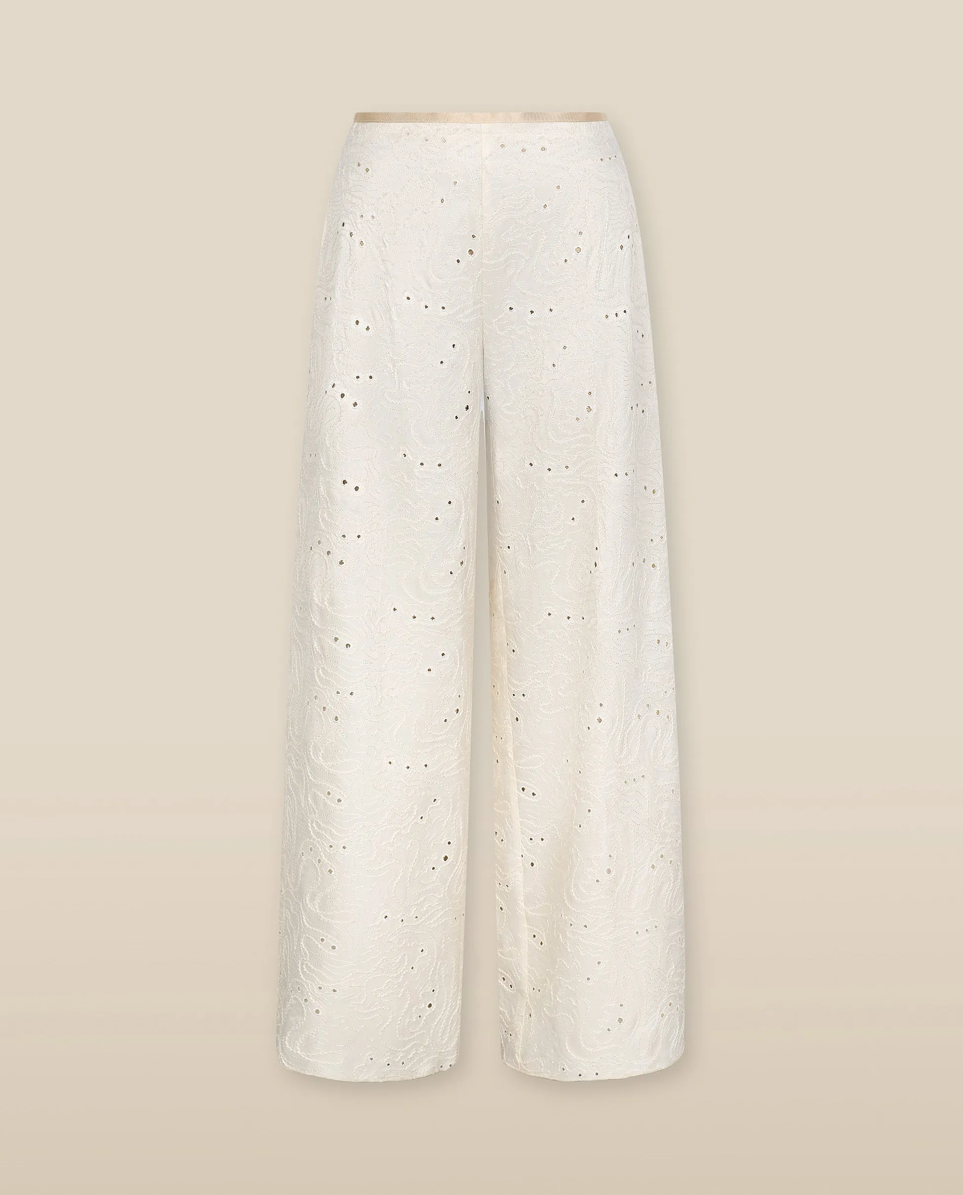 ELODIE | Ecru Embroidered Wide Leg Trousers