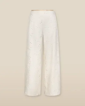 ELODIE | Ecru Embroidered Wide Leg Trousers