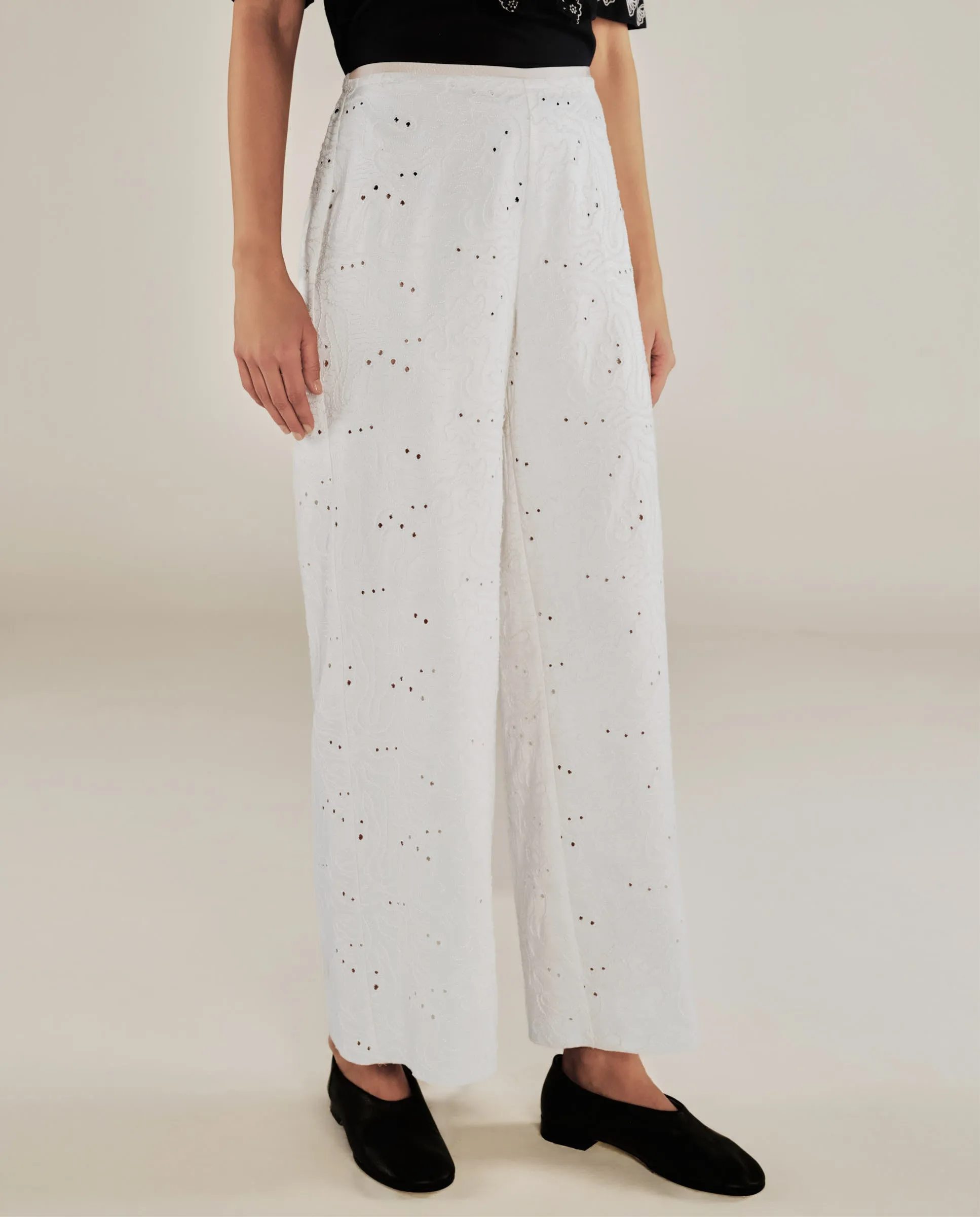 ELODIE | Ecru Embroidered Wide Leg Trousers