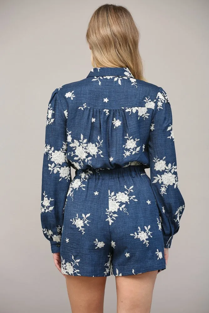 Embroidered Button-Up Romper