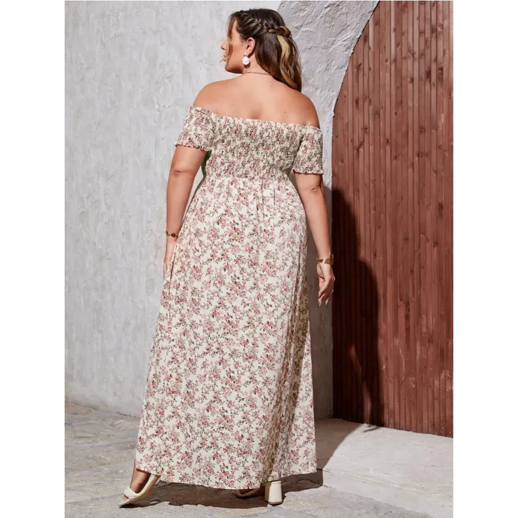 Emilia Plus Size Off-Shoulder Smocked Floral Slit Maxi Dress