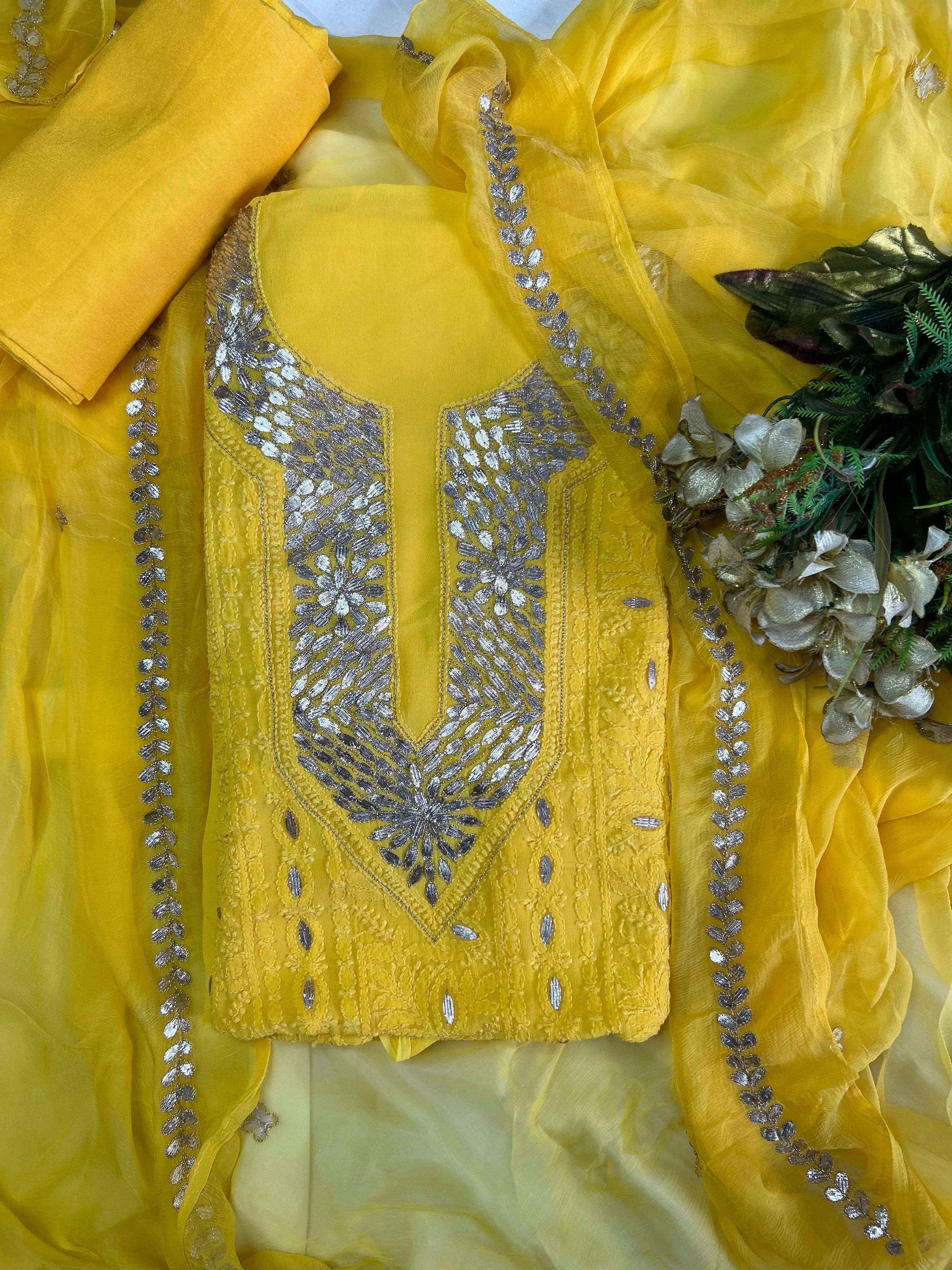 Fancy Chikankari Gota work Salwar suit unstitched fabric in Bright Yellow