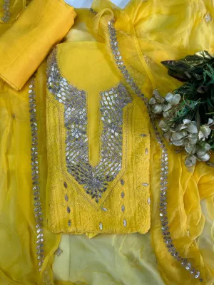 Fancy Chikankari Gota work Salwar suit unstitched fabric in Bright Yellow