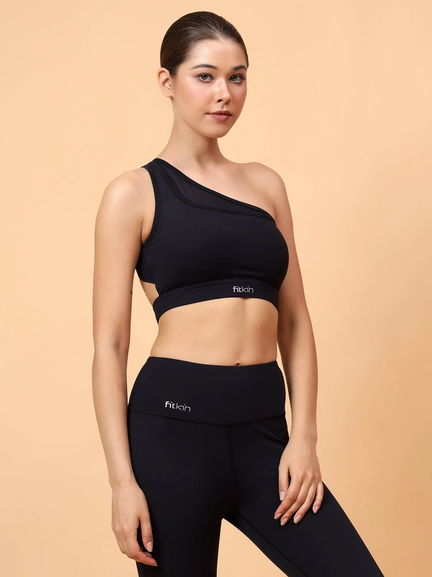 Fitkin Black One Shoulder Sports Bra With Front Net Detail