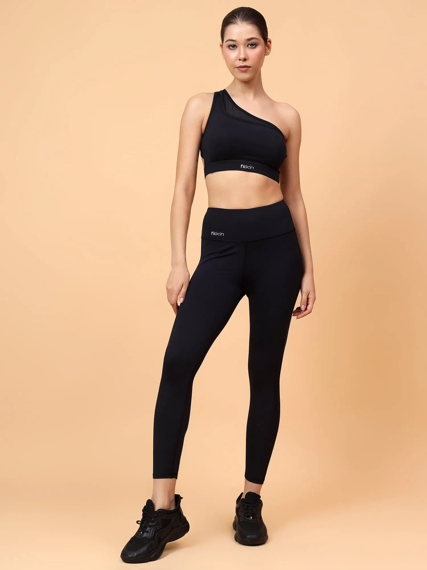 Fitkin Black One Shoulder Sports Bra With Front Net Detail