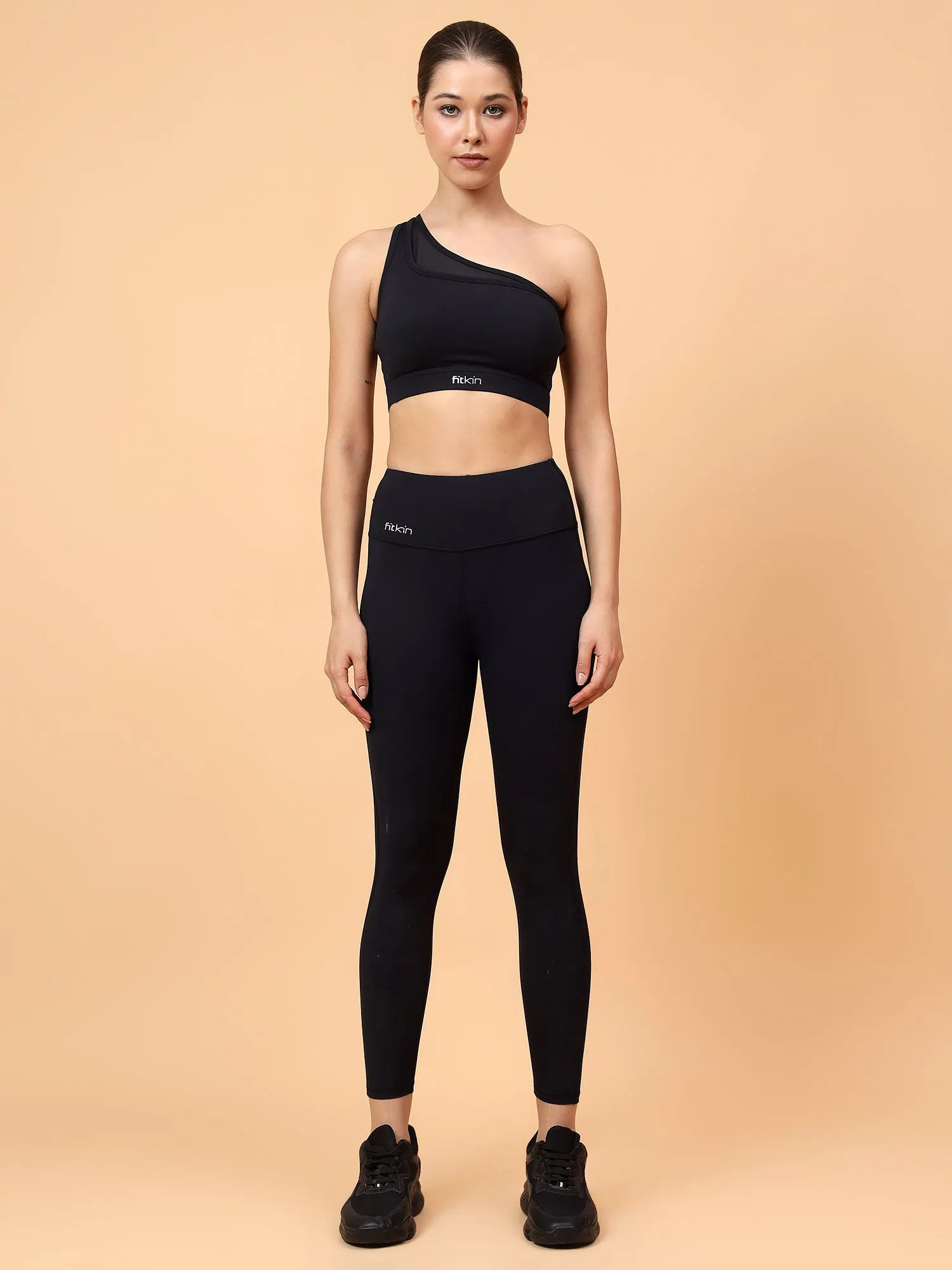 Fitkin Black One Shoulder Sports Bra With Front Net Detail