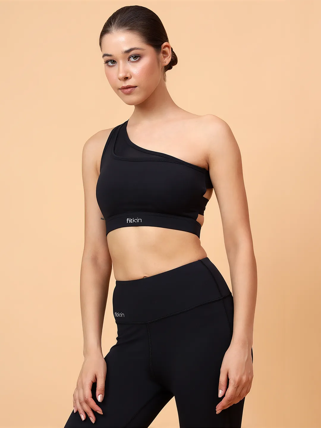 Fitkin Black One Shoulder Sports Bra With Front Net Detail