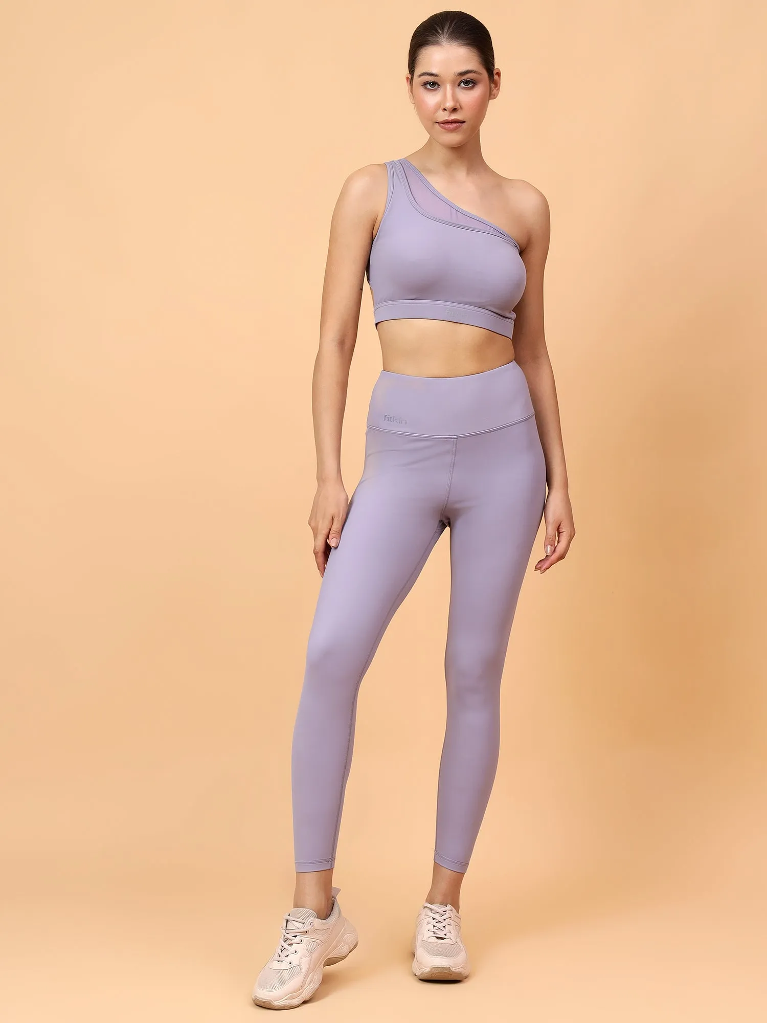 Fitkin Grey One Shoulder Sports Bra With Front Net Detail