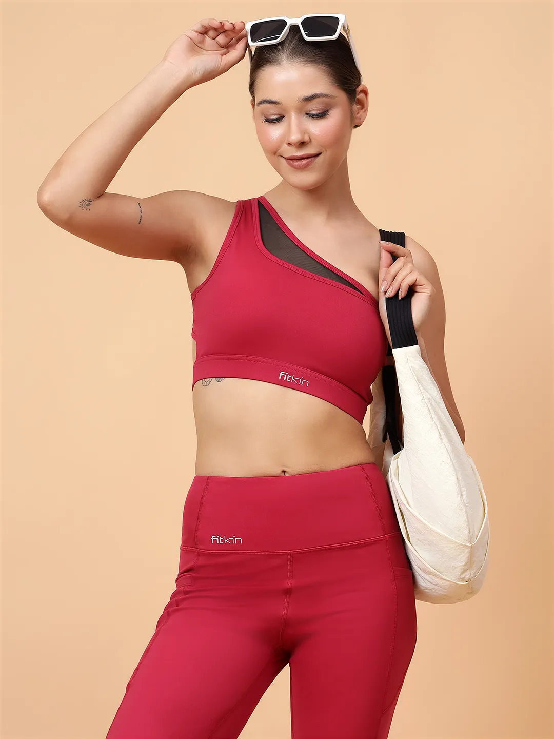 Fitkin One Shoulder Maroon Sports Bra With Front Net Panel
