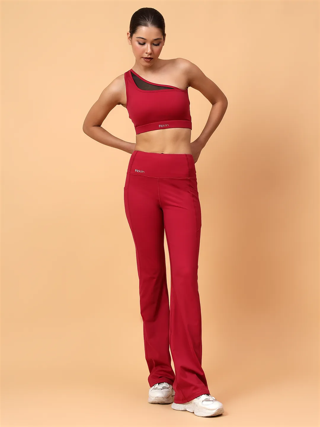 Fitkin One Shoulder Maroon Sports Bra With Front Net Panel