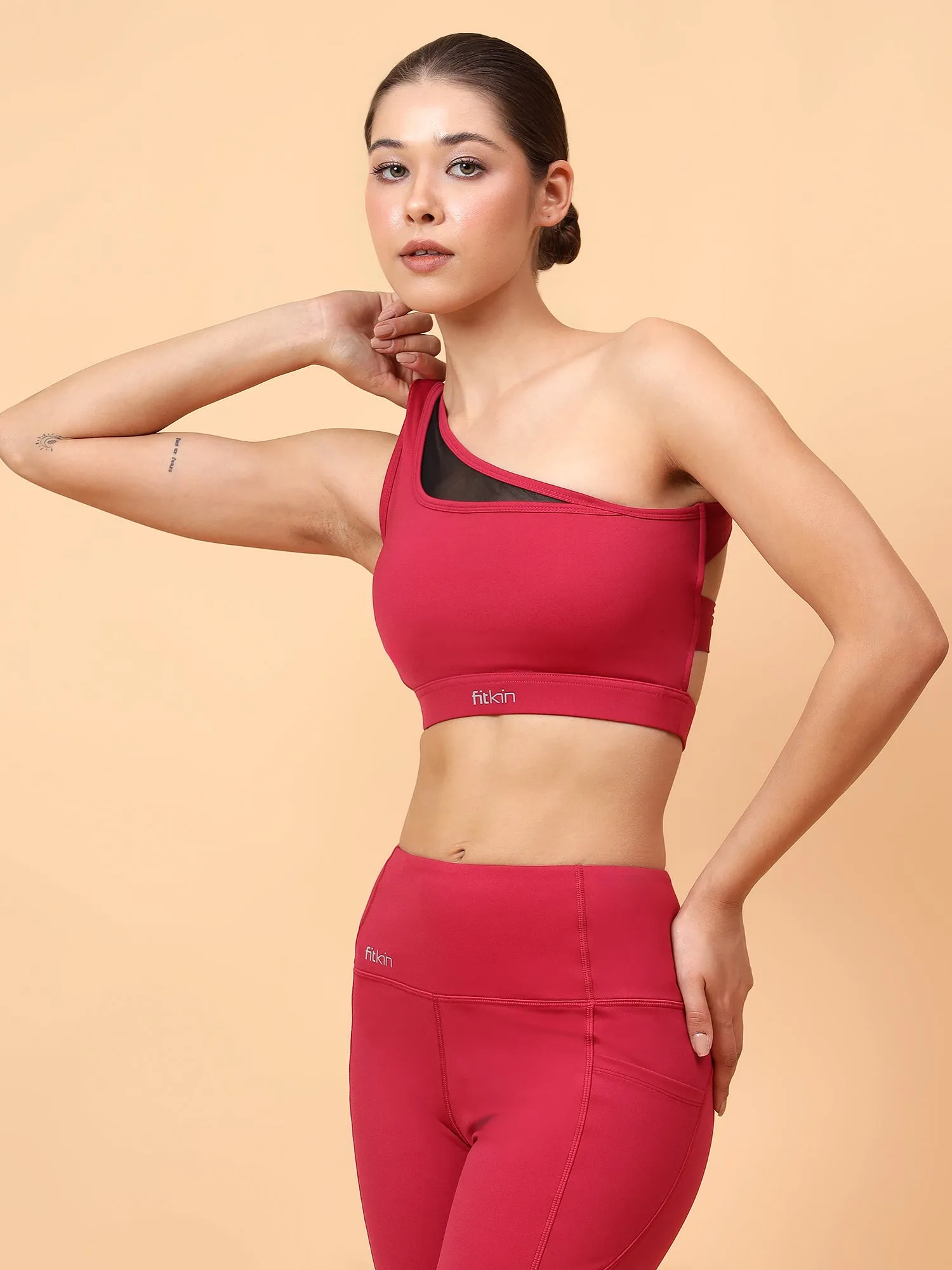 Fitkin One Shoulder Maroon Sports Bra With Front Net Panel