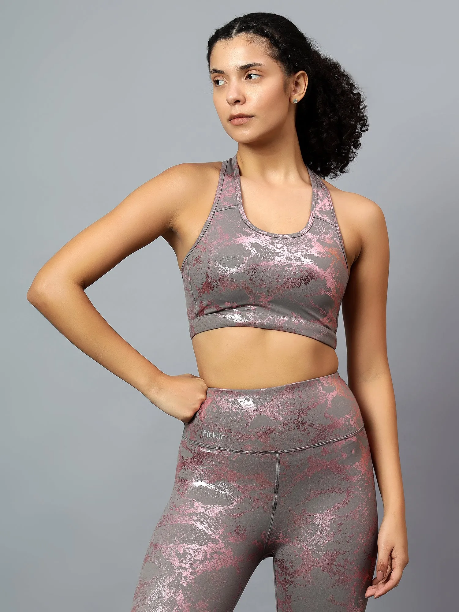 Fitkin Womens Animal Print Racer Back Sports Bra