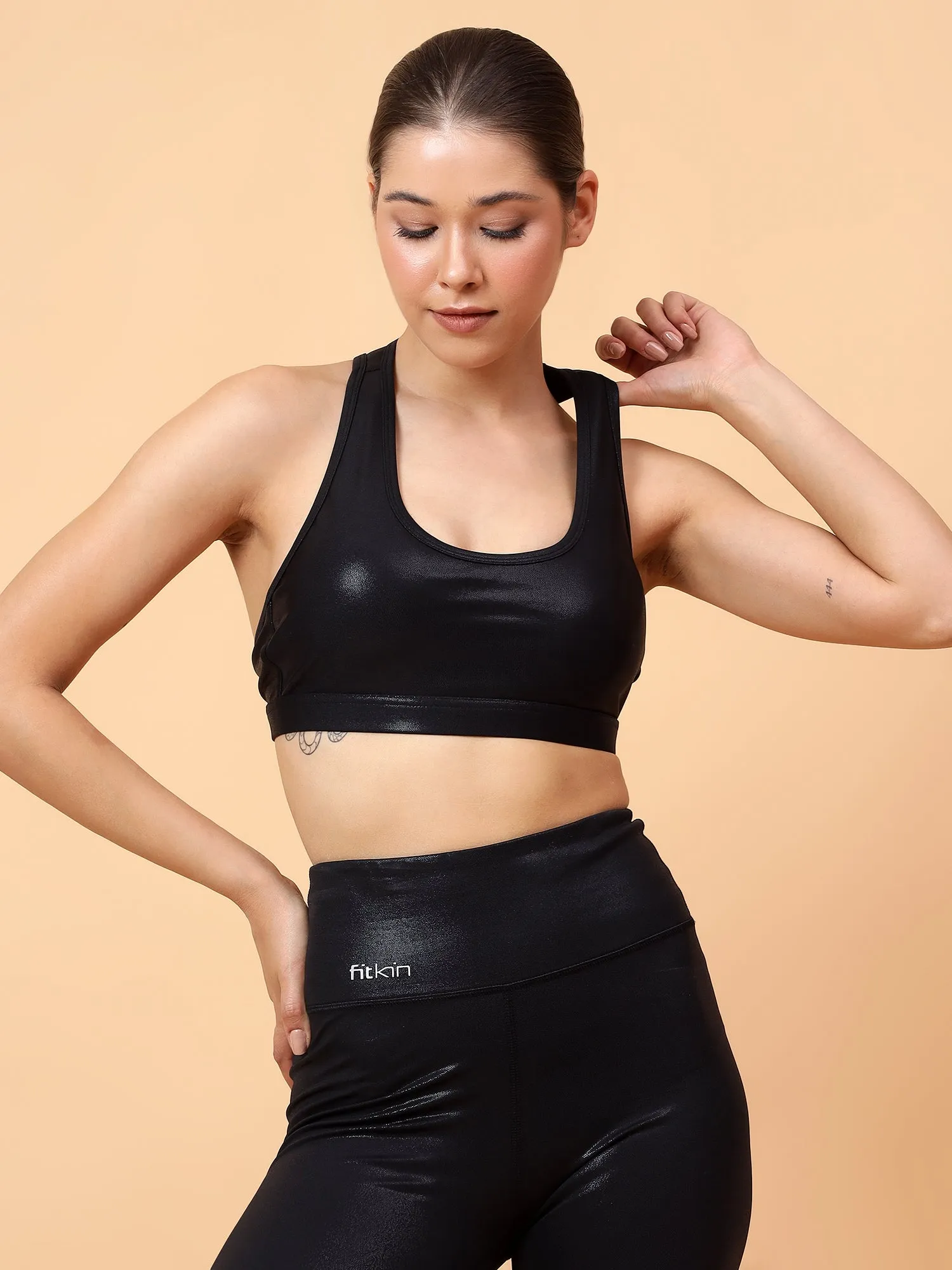 Fitkin Women's Black Shine On Back Key Hole Sports Bra