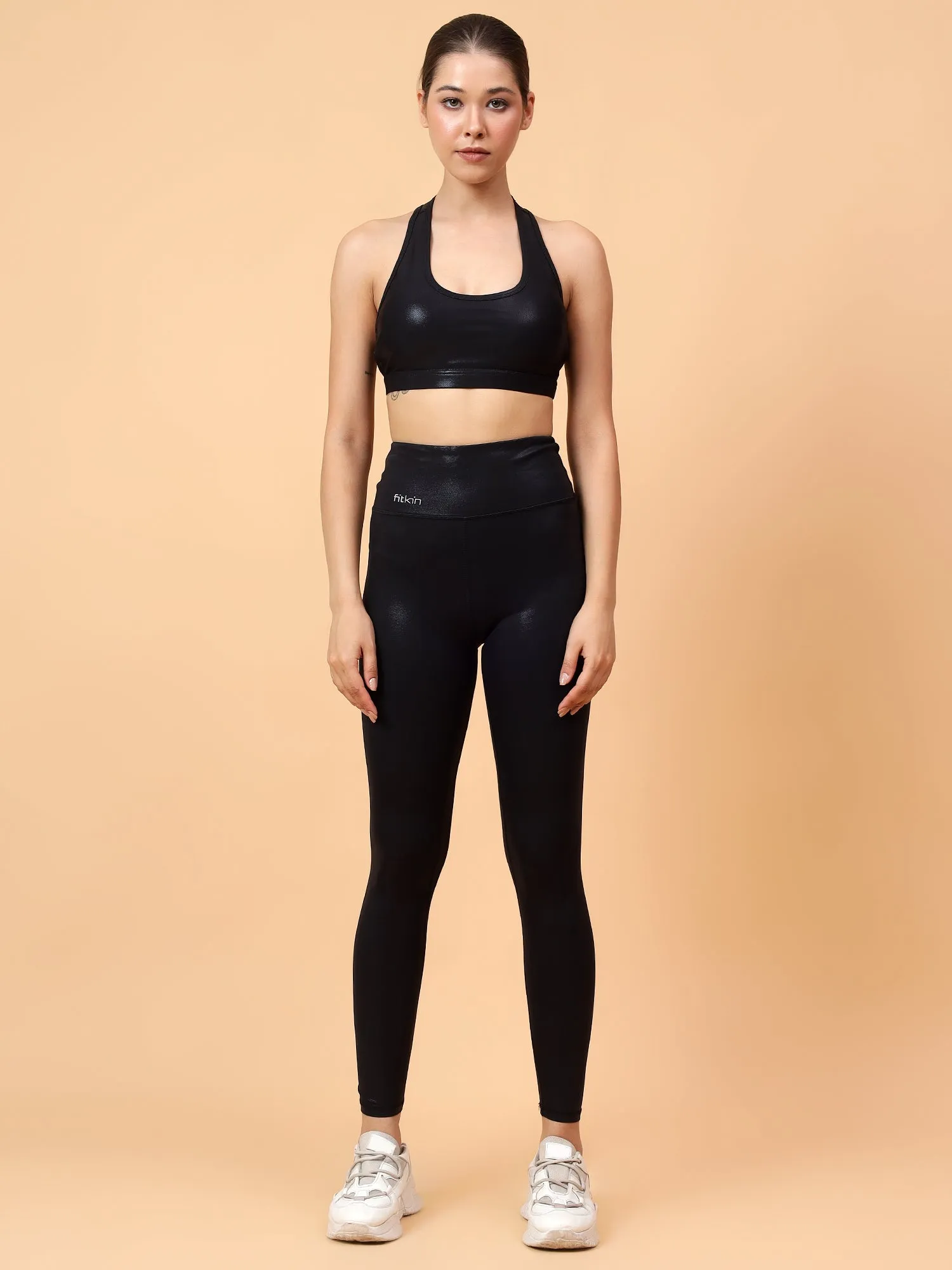 Fitkin Women's Black Shine On Back Key Hole Sports Bra