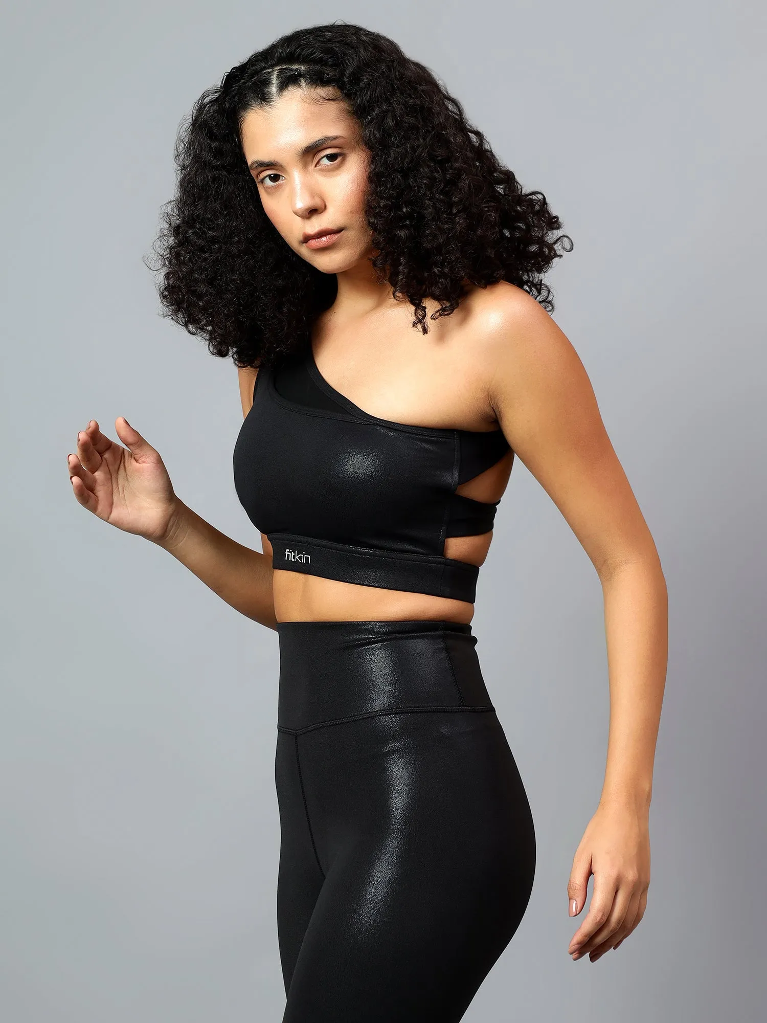 Fitkin Womens Black Shine On One Shoulder Sports Bra