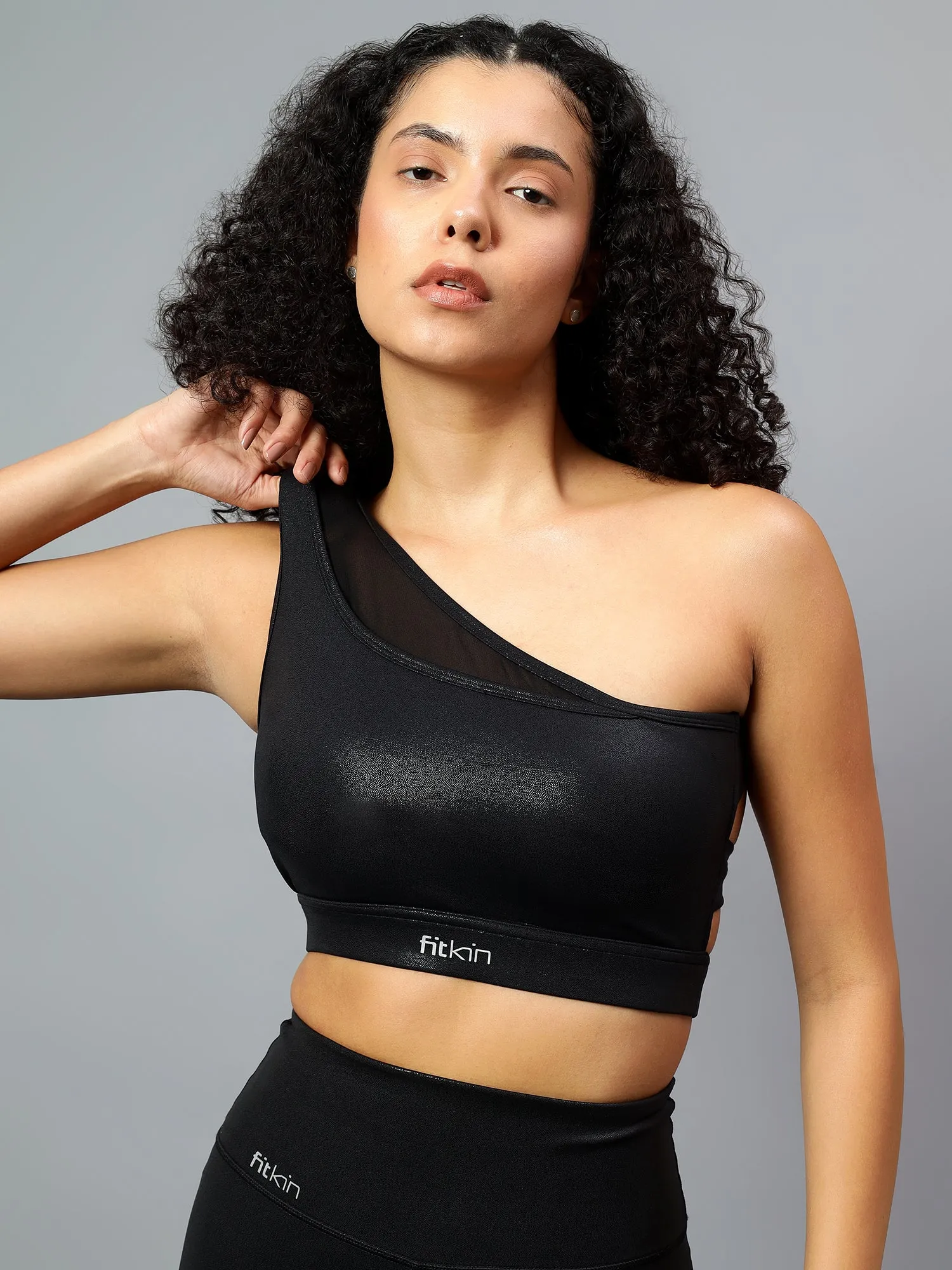 Fitkin Womens Black Shine On One Shoulder Sports Bra