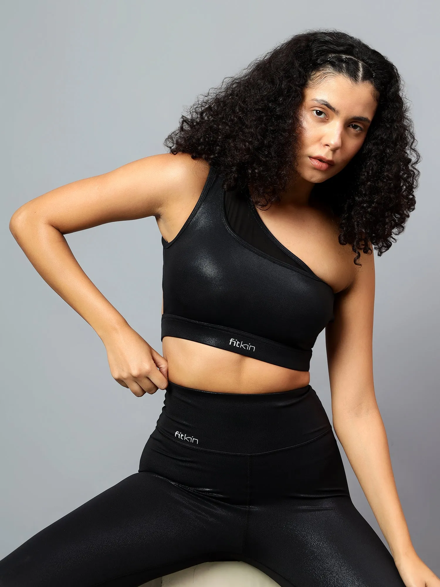 Fitkin Womens Black Shine On One Shoulder Sports Bra