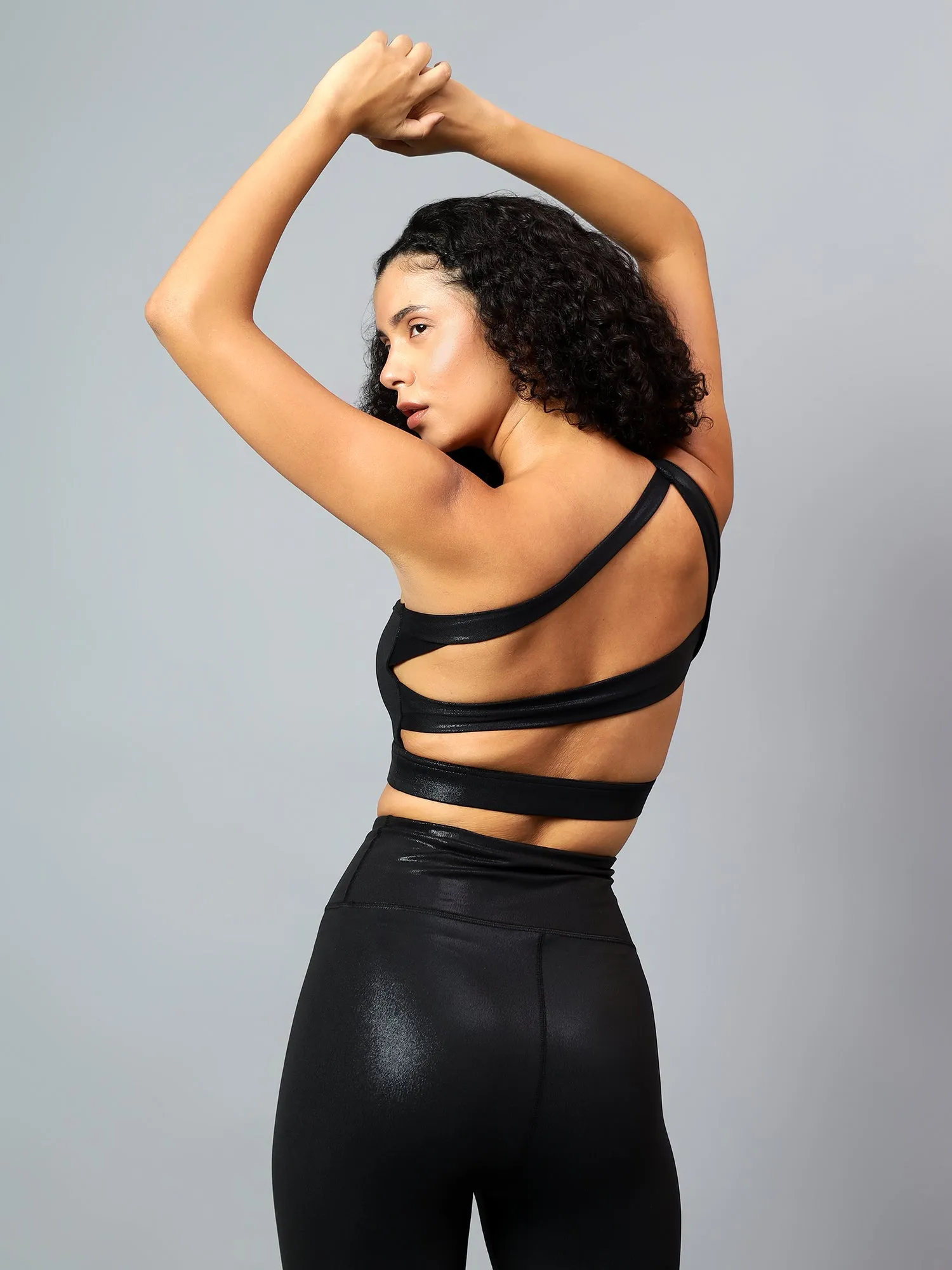 Fitkin Womens Black Shine On One Shoulder Sports Bra