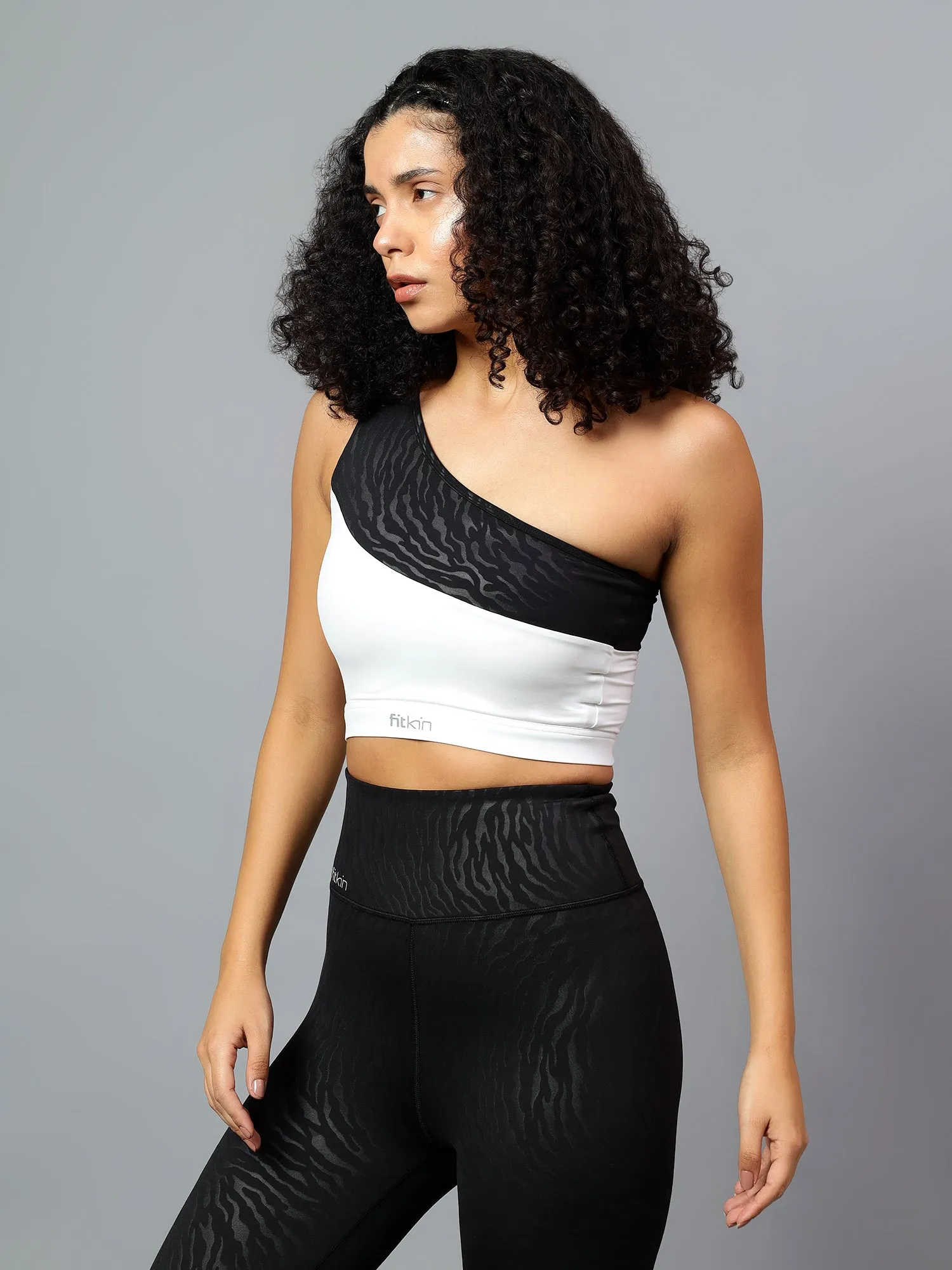 Fitkin Women's One Shoulder Animal Print Sports Bra
