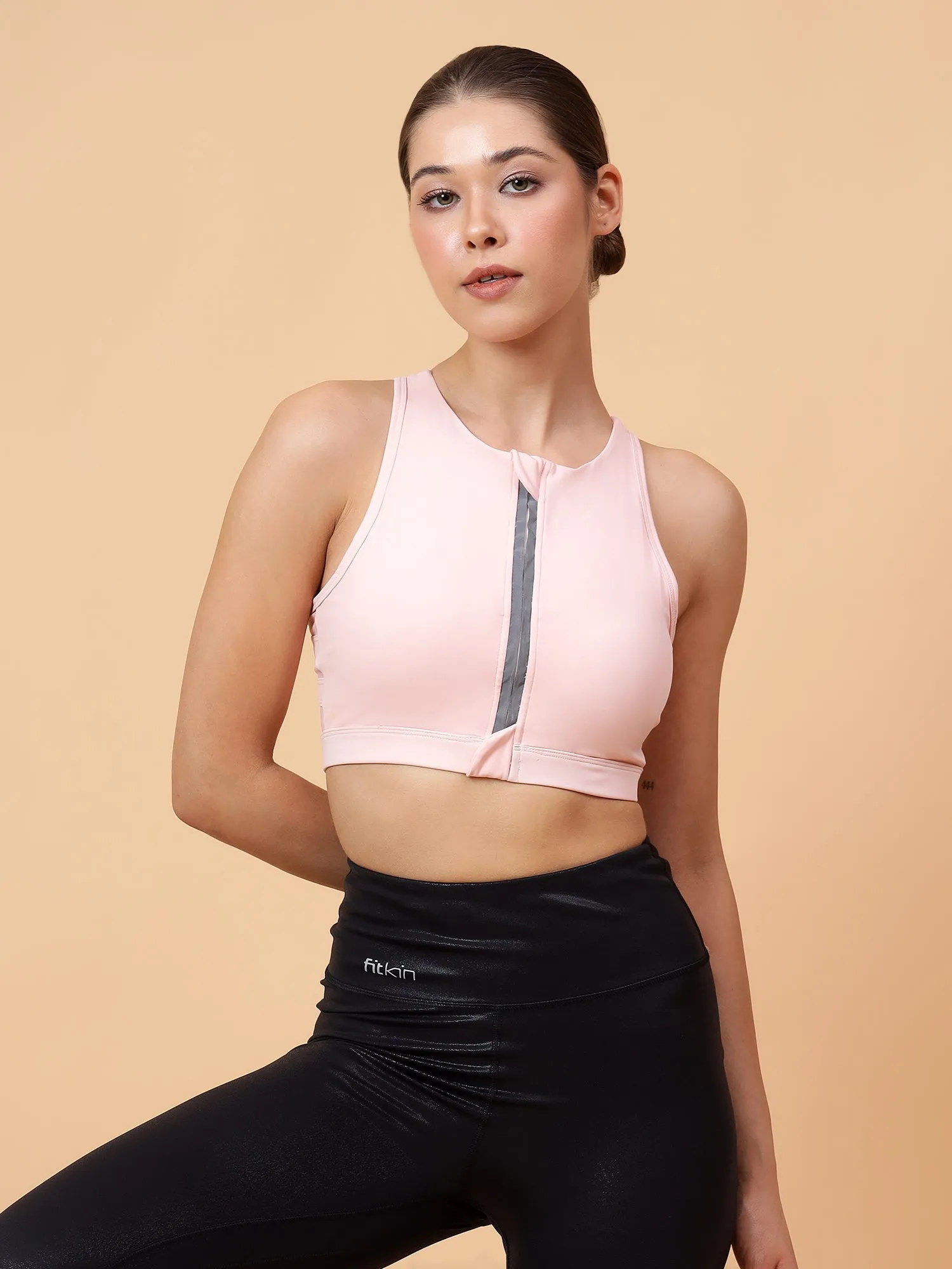 Fitkin Womens Peach Front Open Zipper Sports Bra
