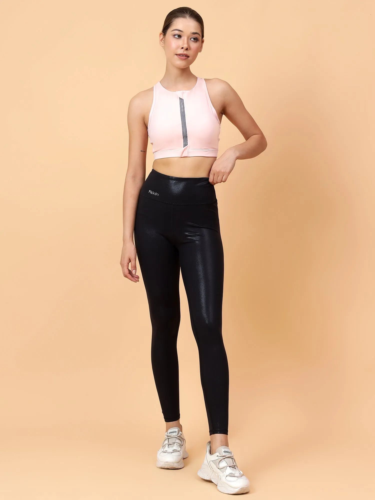 Fitkin Womens Peach Front Open Zipper Sports Bra