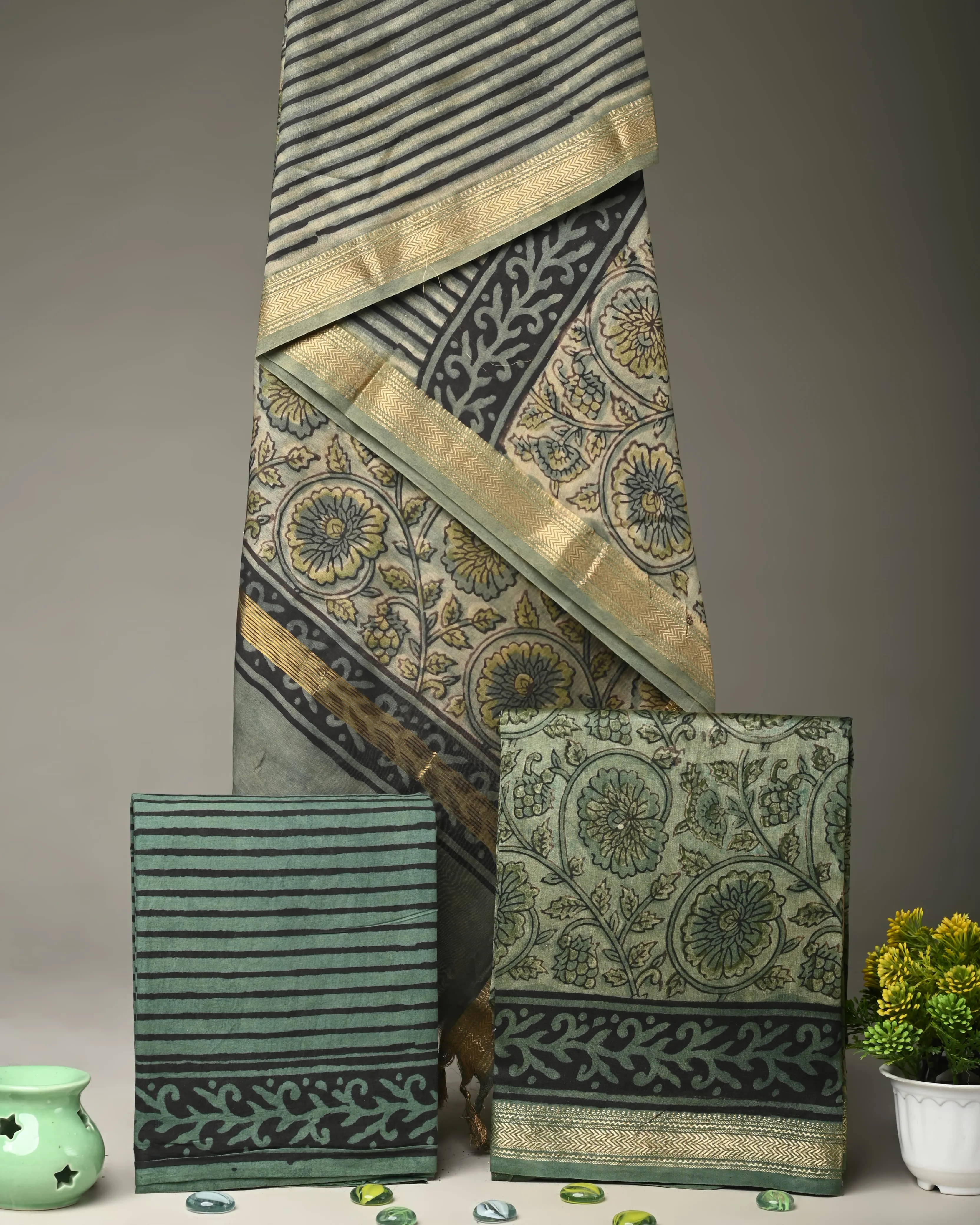 Floral Forest Maheshwari Silk Ajrakh Print Suit Material
