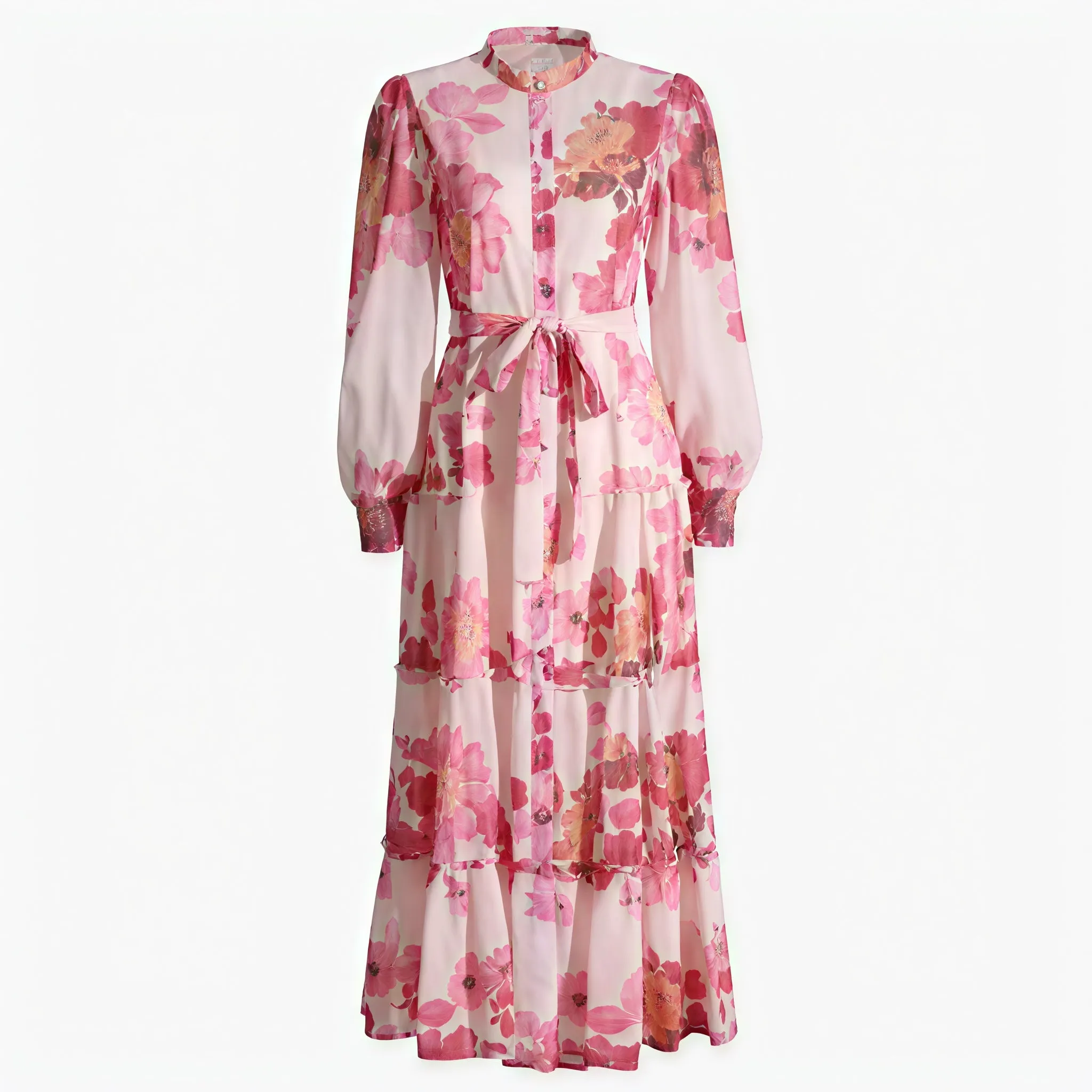 Floral Tiered Dress with Mandarin Collar