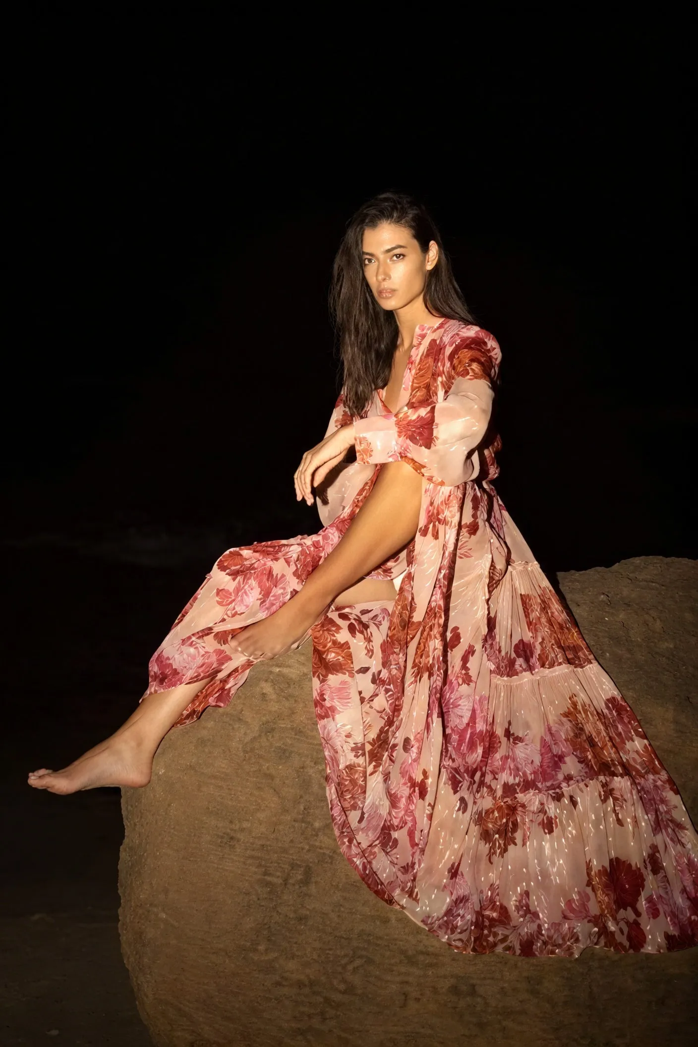 Floral Tiered Dress with Mandarin Collar