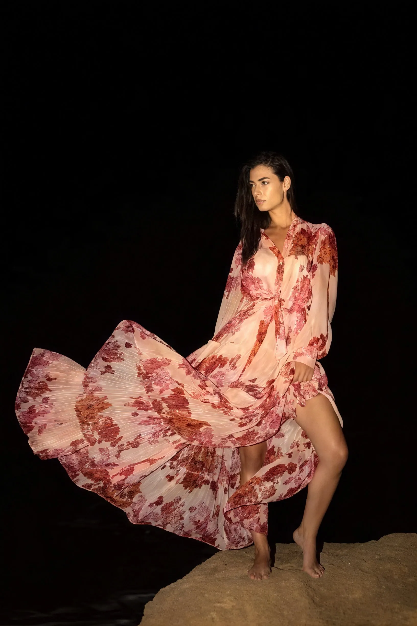 Floral Tiered Dress with Mandarin Collar